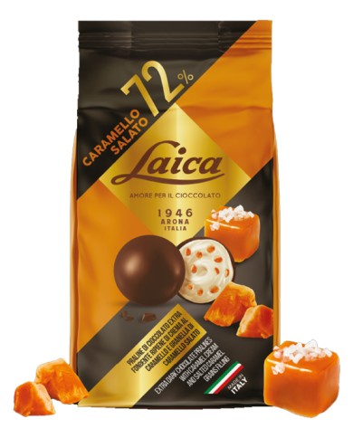 LAICA EXTRA DONKERE BOULES 72% GEVULD MET GEZOUTEN KARAMEL GR.90