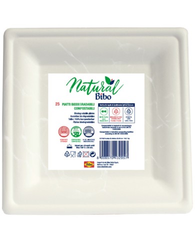 BIBO NATURAL BIODÉGRADABLE ASSIETTES CARRÉES CM. 20X20 25 PIÈCES