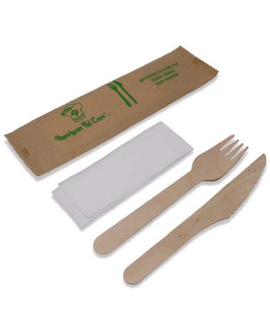 PAPERLYNEN KIT DE COUVERTS EN BOIS AVEC SERVIETTE 50 PIÈCES