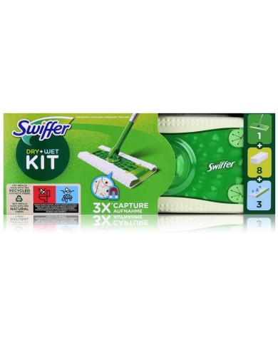 SWIFFER DRY + WET KIT WITH BROOM AND 8 REPLACEMENT CLOTHS