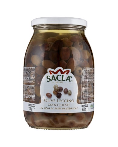 SACLA ' PITTED LECCINO OLIVES IN SUNFLOWER SEED OIL 950 GR.