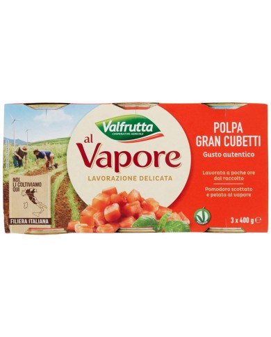 PULPE DE TOMATE VALFRUTTA GRANDS CUBES À LA VAPEUR GR.400 X 3 CANETTES